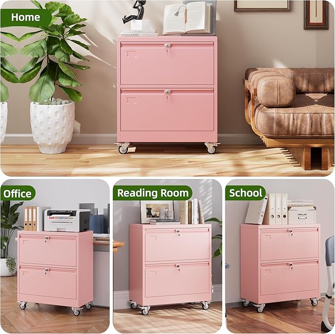 Aobabo 2 Drawer Wide File Cabinet with Wheels, Lockable Metal Filing Cabinet for Home Office, Legal/Letter Size,Pink,Required Assembled,15.87" D x 28.94" W x 34" H