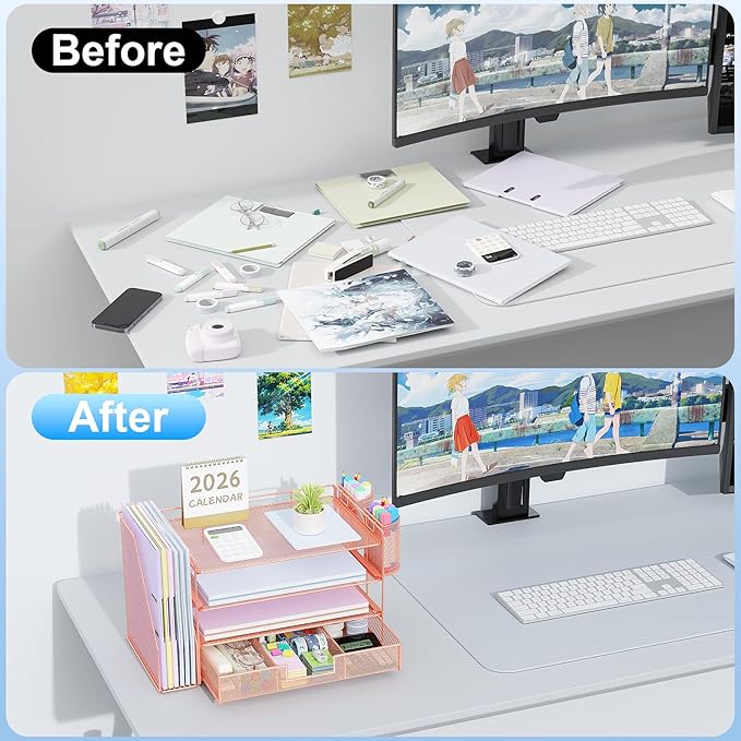 gianotter Desk Organizers and Accessories with File Holder, 4-Tier Desk Accessories & Workspace Organizers with Drawer and 2 Pen Holder, Paper Organizer for Office Supplies (Rose Gold)