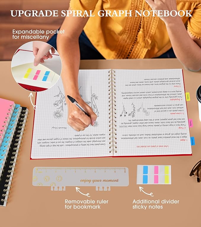 Graph Paper Notebook, Spiral Notebook Journal 8.5” x 11”, A4 Large Grid Notebooks for Women Men, 100 GSM Graph Paper, Plastic Hardcover Spiral Graphing Journals for Work School Engineerin, Red