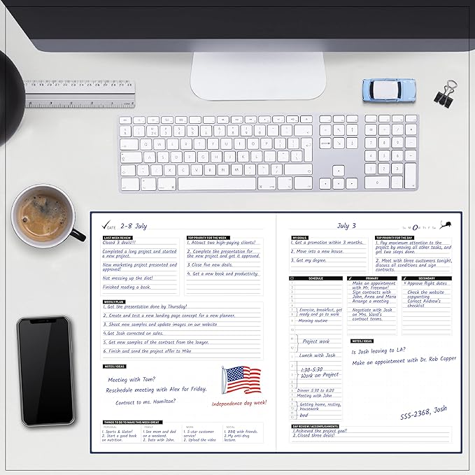 Day Planner - Professional Goal Planner, Calendar & Gratitude Journal to Increase Productivity, Time Management & Happiness - Vegan Leather Softcover, 24 Hourly Planner, Undated 6 Months Work Planner