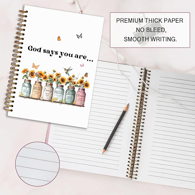 Bible Notebook, A5 Spiral Christian Journal with Sunflower Notebook, Bible Verse-God Says You Are, Inspirational Notebooks for Women, Bible Study, Gift for Birthday Christmas, Office Supplies