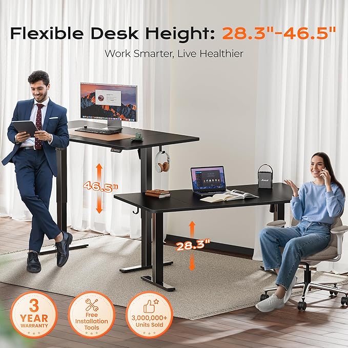 Huuger 63 x 28 Large Electric Standing Desk, Height Adjustable Computer Desk, 27.6" Deep Desktop, Stand up Gaming Office Table with 2 Hooks, 3 Preset Heights, for Home Office, Black