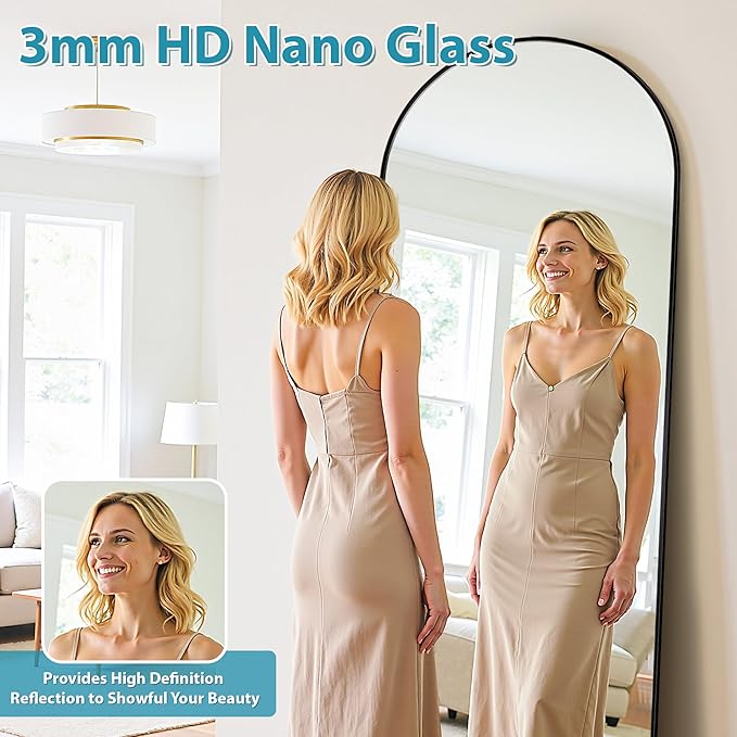 Full Length Mirror, 71"x28" Oversized Floor Mirror Freestanding, Full Body Mirror Floor Standing Mirrors with Stand, Hanging Mounted Mirrors for Bedroom Living Room, Black, Arched Style
