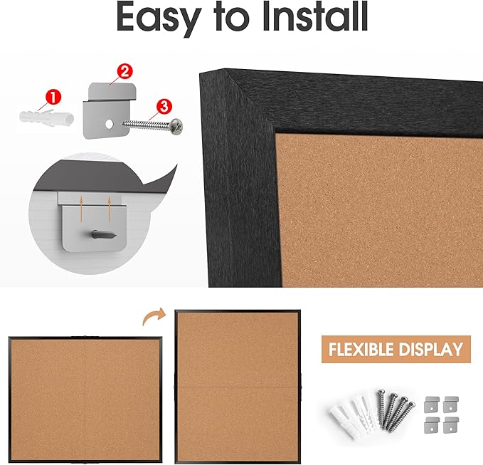 Board2by Extra Large Cork Bulletin Board 48" X 48", Foldable Notice Pin Board for Wall, Black Wood Framed 4'x4' Corkboard, Wall Mounted Noticeboard with 32 Push Pins for School, Home & Office