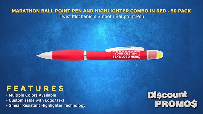DISCOUNT PROMOS 50 Marathon Gel Highlighter Pens Pack - Customizable Text, Logo - Twist Mechanism, Ballpoint - Red