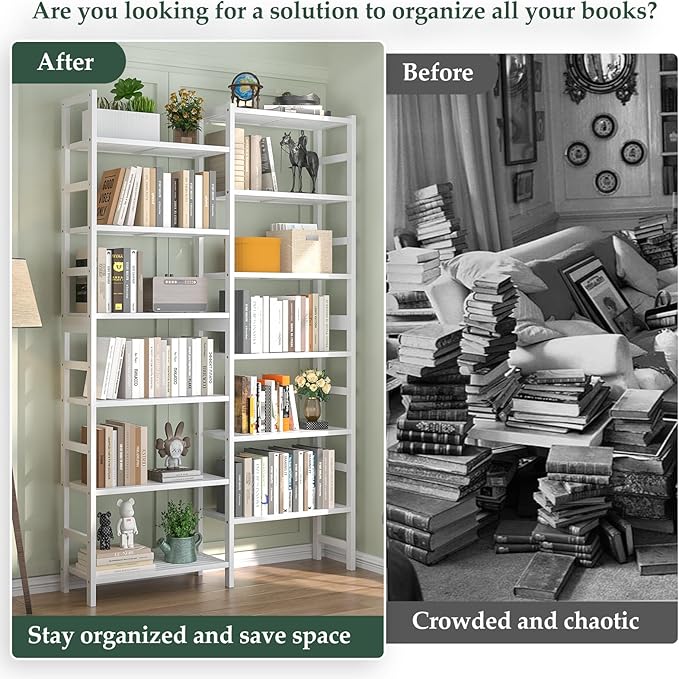 Homykic Double Wide Bamboo Bookshelf White, 6-Tier Large Open Bookcase with 12 Display Shelves, 6ft Tall Freestanding Book Shelf for Home Office, Bedroom, Living Room, Plants