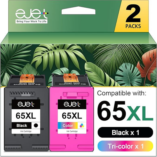 65XL Ink Cartridge Black/Color Combo Pack Replacement for HP 65XL High Yield Works with HP DeskJet 3752 3755 3700 3772 2655 2652 2622 Envy 5010 5012 5055 5052 AMP 100 Printer,Black, Tri-Color, 2-Pack