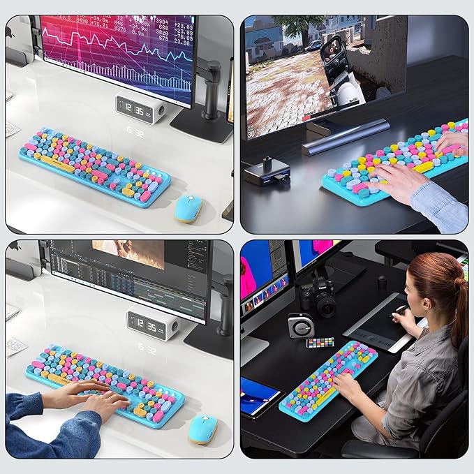 FOPETT 2.4GHz Wireless Keyboard and Mouse Set with Switch Button - Full-Size Keyboard - Compatible for Windows/Laptop/PC/Notebook/Smart TV and More - Blue Colorful