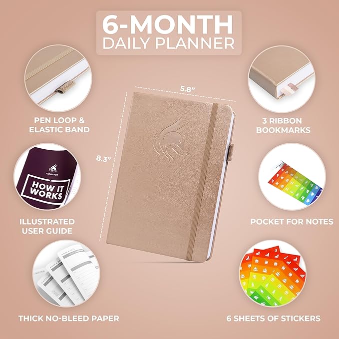 Clever Fox Daily Planner – Undated Planning Notebook with Hourly Schedule & To-Do List – Personal Day Task & Work Organizer, 6 Months (Pearl)