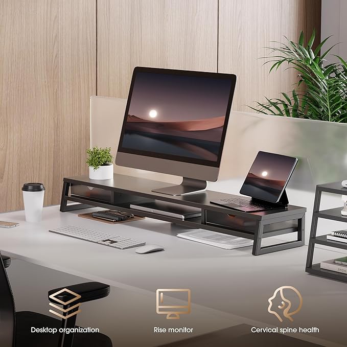 Fenge Dual Monitor Stand, Monitor Riser with Drawer, 42.5 Inch Large Computer Monitor Stand for 2 Monitors, 2 Tier Wooden Desk Shelf for Top of Desk