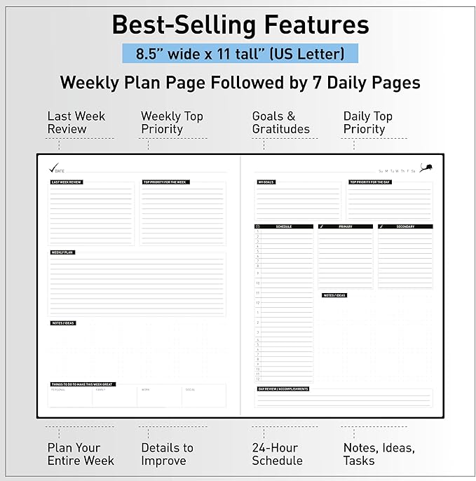 Daily Planner - Professional Life Planner, Calendar & Gratitude Journal to Increase Productivity, Time Management & Happiness - Vegan Leather Softcover, 6 Months, Undated 24 Hour Business Planner