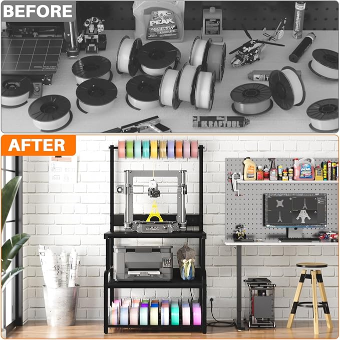 Homieasy Printer Stand with Charging Station, 29.1" x 22.8" Large 3D Printer Table with Filament Storage, Heavy Duty Rolling Printer Cart with 4-Tier Storage for Workshop/Office/Garage, Black