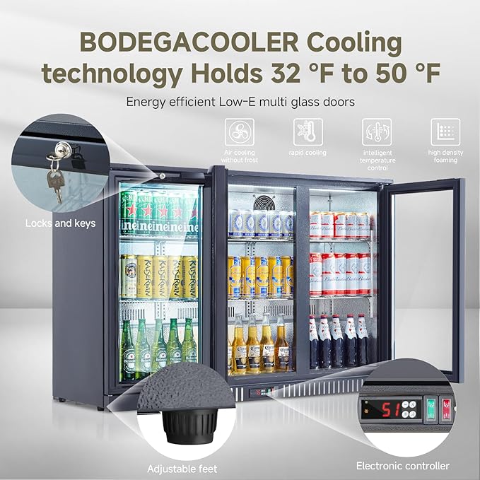 BODEGACOOLER Back Bar Cooler With 3 Glass Doors,Counter Height Commercial Beverage Refrigerator,11.4 Cu.Ft Display Bar Beverage Fridge with LED Lighting,21 inch Cooler for Beer,Soda Drinks,Wine