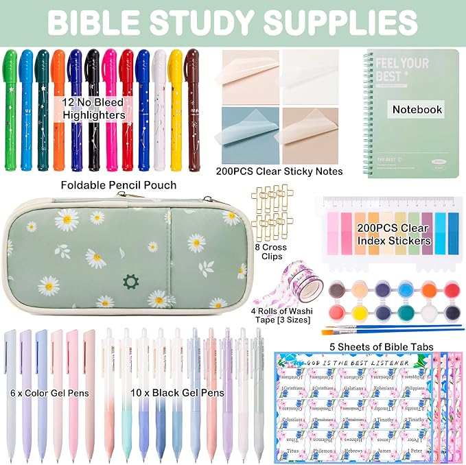 Bible Study Supplies for Women & Journaling Kit - Pencil Case, 12 Colored Highlighters No Bleed, 75 Index Bible Tabs, A5 Notebook, 16 Gel Pens & 4 Transparent Notes - Christian Gifts, Green Daisies