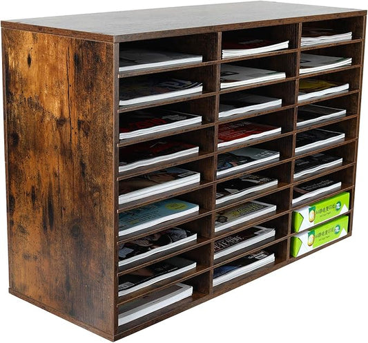 EasyPAG Mail Organizer Countertop, Wood Literature Organizer with Adjustable Shelves, Student Classroom Mailbox for School, Desktop Paper Sorter for Office Home, 27 Compartments, Archaize