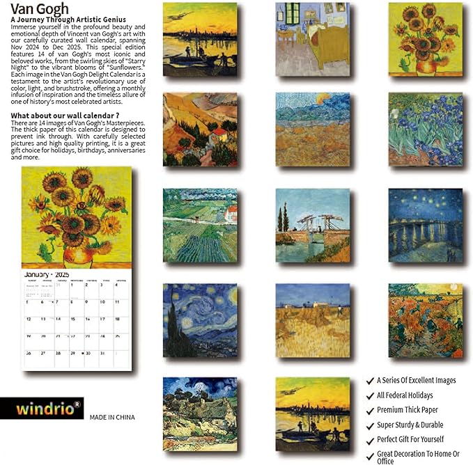 2025 Wall Calendar,Calendar 2025, January 2025 - December 2025, Wall Calendar van Gogh, 12" x 24" Opened,Full Page Months Thick & Sturdy Paper for Calendar Organizing & Planning