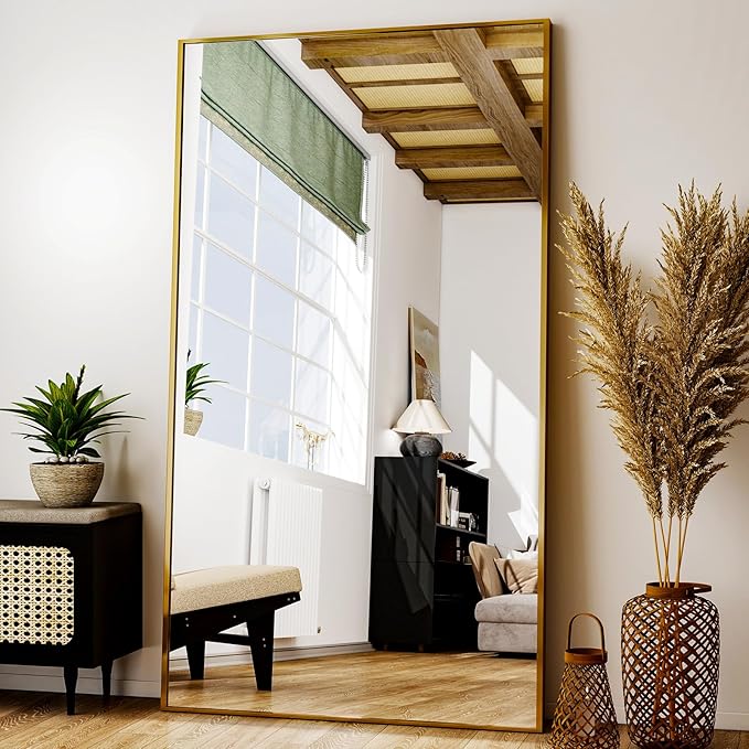 Full Length Mirror with Stand 38"x77" Full Body Mirror Floor Mirror Standing Hanging or Leaning Wall, Wall Mirror with Stand Aluminum Alloy Frame for Living Room Bedroom Cloakroom,Gold