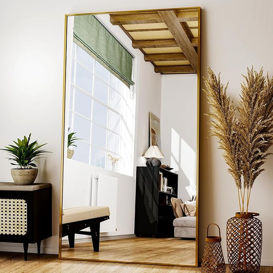 Full Length Mirror with Stand 38"x77" Full Body Mirror Floor Mirror Standing Hanging or Leaning Wall, Wall Mirror with Stand Aluminum Alloy Frame for Living Room Bedroom Cloakroom,Gold