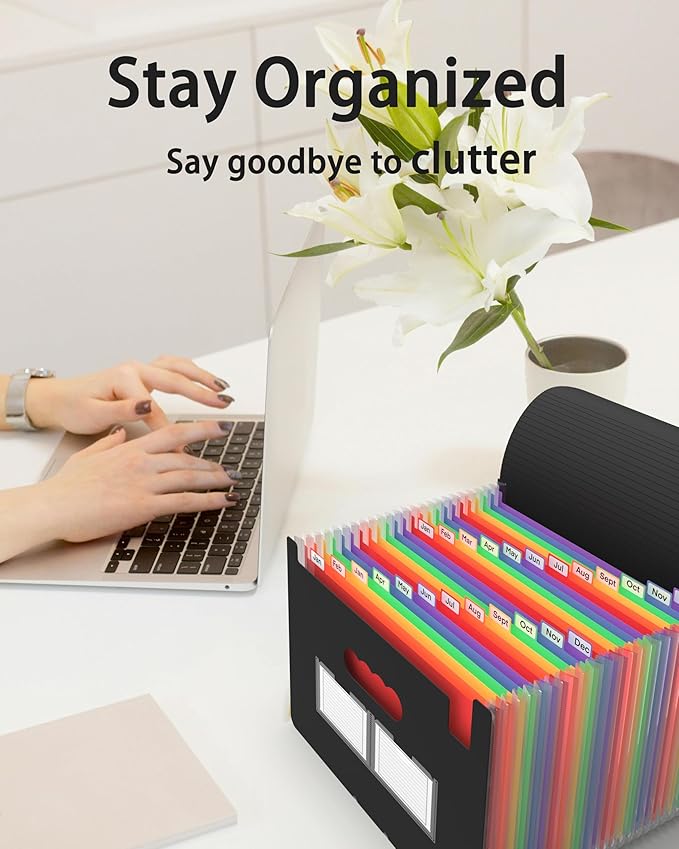 Accordion File Organizer, 2 Pack 24 Pockets Expanding File Folders, Portable Monthly Bill Receipt Documents Organizer with Colorful A-Z Tabs, Letter/A4 Size - Black