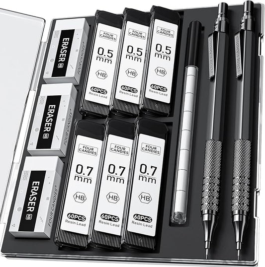 Four Candies 2PCS Metal Mechanical Pencils Set with Case, 0.5mm & 0.7 mm Artist Pencil with 6 Tubes (360PCS) HB Lead Refills, 3 Erasers,9 Eraser Refills For Writing Drafting, Drawing, Black