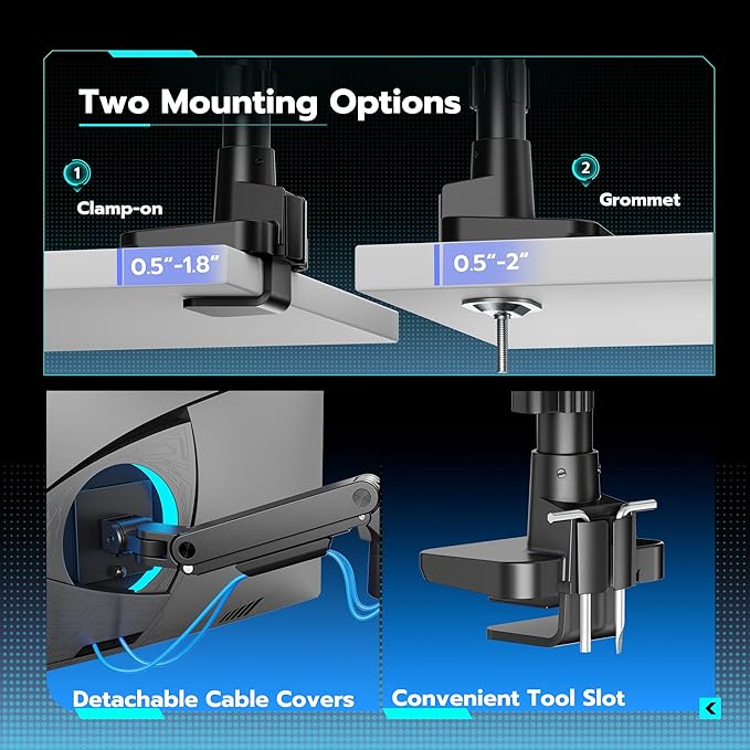 ARES WING Heavy-Duty Monitor Mount for 17-49 inches Ultrawide Curved Flat Monitors, Holds 44lbs, with 18" Extended Column for Desk, Adjustable Gas Spring, Black