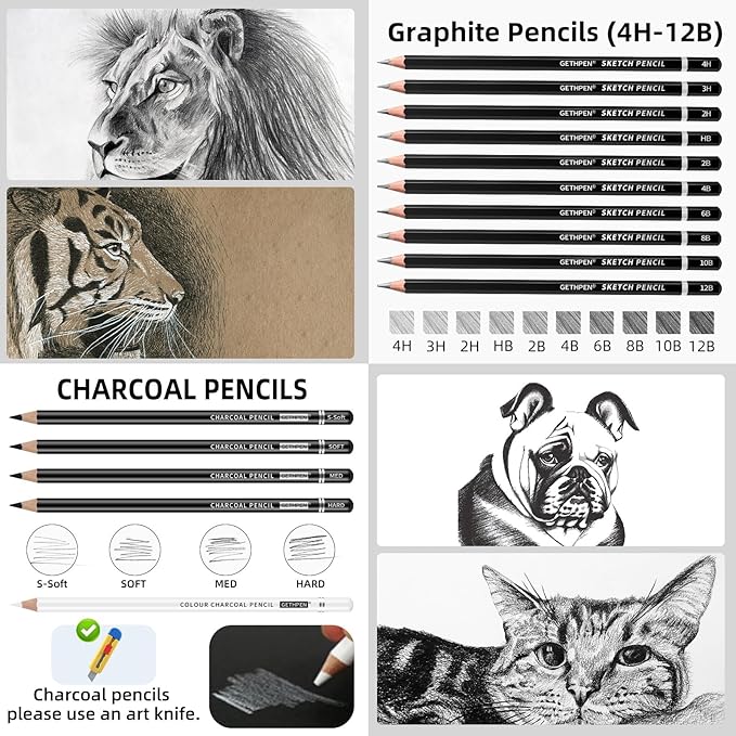Drawing Sketching Pencil Set, 24 Piece Pro Artist Sketch Kit - Graphite Pencils (12B-4H),Charcoal Pencils for Drawing,Black and White Charcoal Pencils,Charcoal Sticks,Stumps,Eraser,Sharpeners