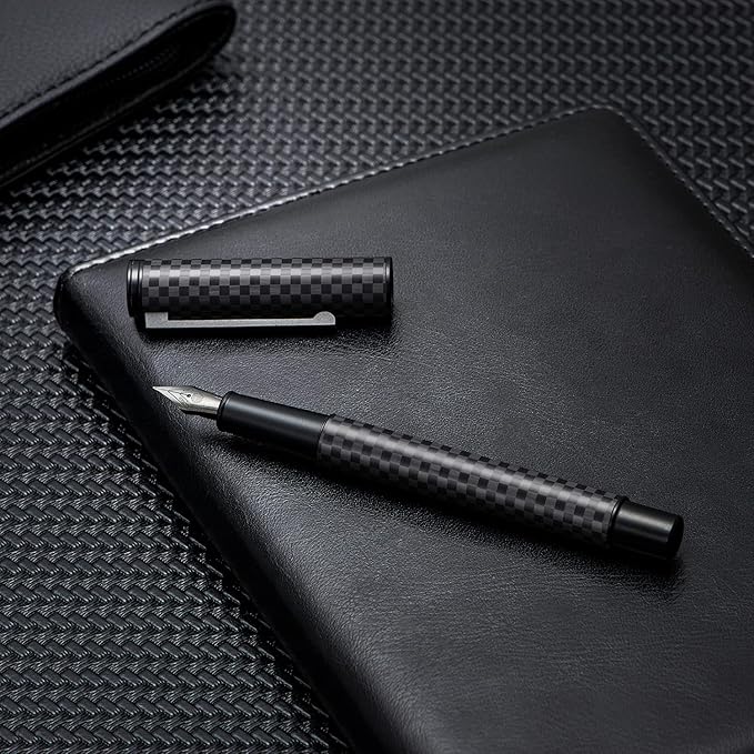 Hongdian Carbon Fiber Fountain Pen Fine Point, Slim Style with Converter and Metal Pen Case, The Light of Hope Serise