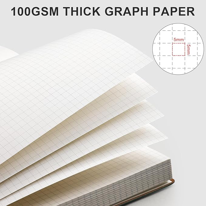 AHGXG Graph Paper Notebook - Grid Paper Notebook Large A4 8.5''×11'', 320 Pages Thick Journal, 100gsm Thick Graph Paper, Leather Softcover, Inner Pocket - Green