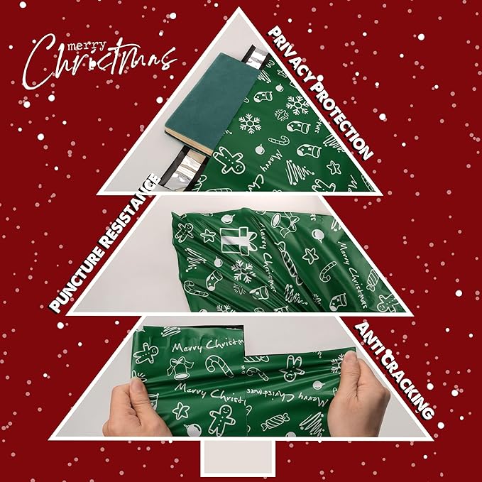 Christmas Poly Mailer - 6x9 Inch, 100 Pcs Waterproof Tear-Resistant Mailer Bags with Self-Seal - Green Merry Christmas