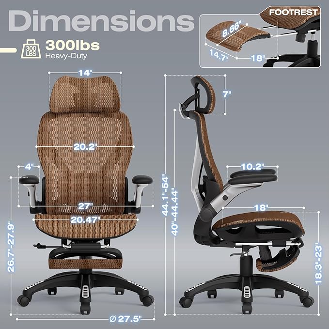 ELABEST X100 Ergonomic Office Chair with Footrest, Big and Tall Home Desk Chair with 5D Flip-Up Arms, Adjustable 10D Lumbar Support,High Back Rolling Computer Chair, Swivel Mesh Chairs