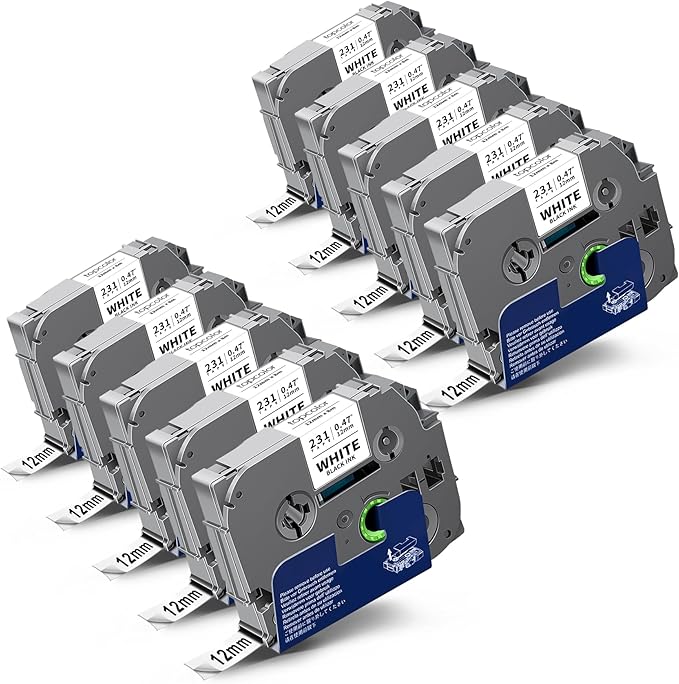 10-Pack 12 mm 0.47" Black on White Compatible for Brother Tze-231 Tz231 P Touch Label Tape 12mm 0.47" Laminated White Tze Tz Tape 1/2" for PT-D210 PT-D202 PT-D220 PTD410 PTD600 PTD400 PT2430
