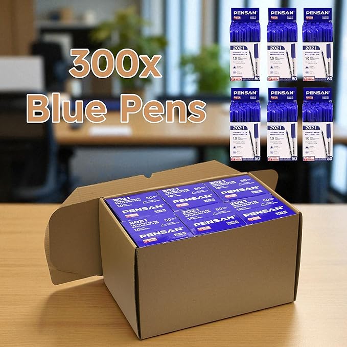 Blue Ballpoint Pens,1.0 mm Medium Point, Blue Pens, Ergonomic Triangle Grip, Smooth Writing, 300-Count Pack of Bulk Pens
