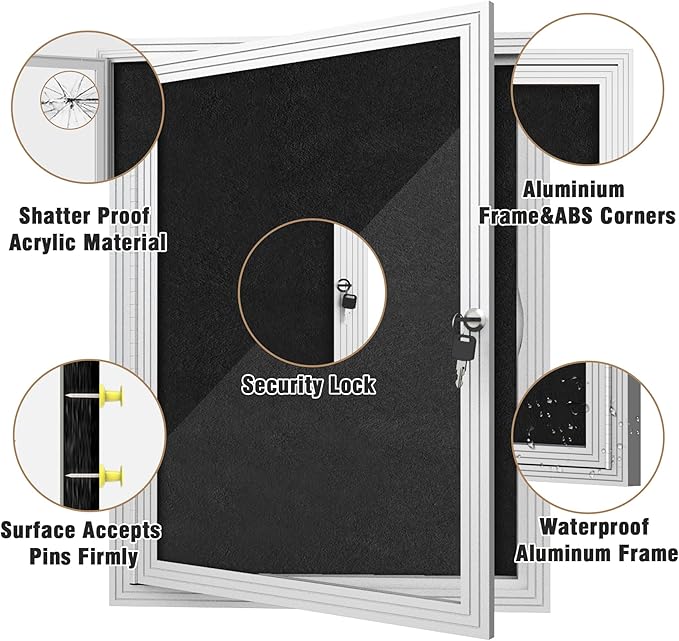 26"x20" Enclosed Bulletin Board, Outdoor Lockable Weather-Resistant Aluminum Cork Noticeboard for School & Office, Silver Frame w/Black Flet