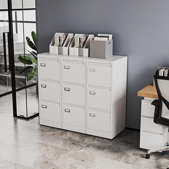 3 Drawers Vertical File Cabinets - 17.8" Deep Lockable Filing Cabinet - White Metal Storage Cabinets for Home Office to Hanging Files Letter/Legal/F4/A4 Size
