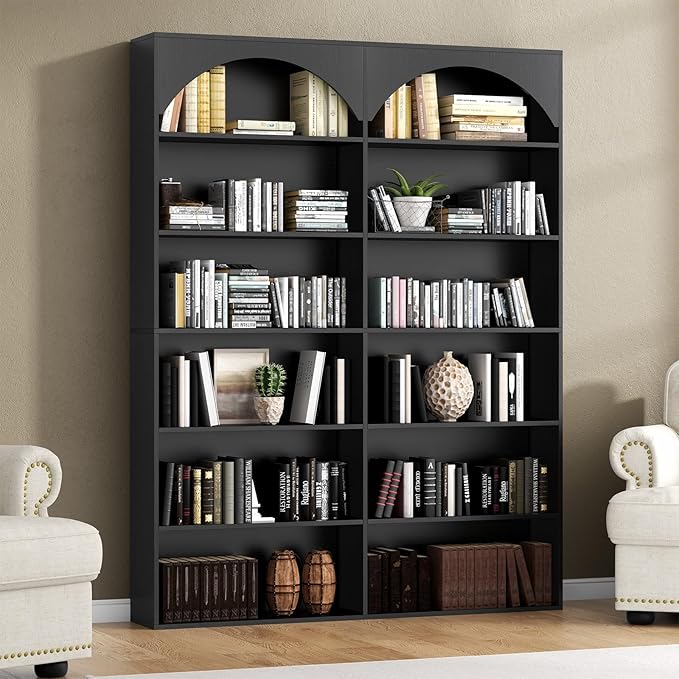 70.8’’ Tall Bookshelf and Bookcase of 2 pcs, 7-Tier Double Wide Bookcase Modern Large Open Display Shelves with Curved Baffle for Home Office Living Room (Black-2pcs)