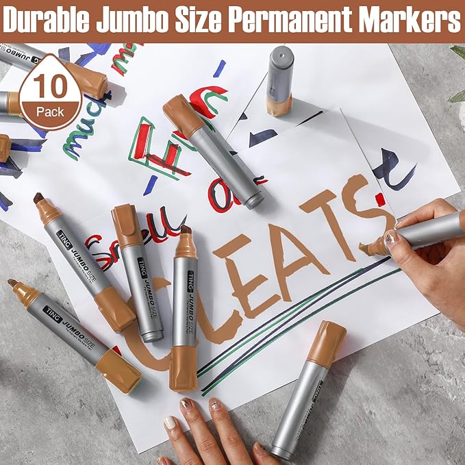 Fuutreo 10 Pack Jumbo Permanent Markers Bulk Large Chisel Tip Permanent Markers Quick Drying Waterproof Big Huge Poster Pens for Office, Logistics Company and More(Brown)
