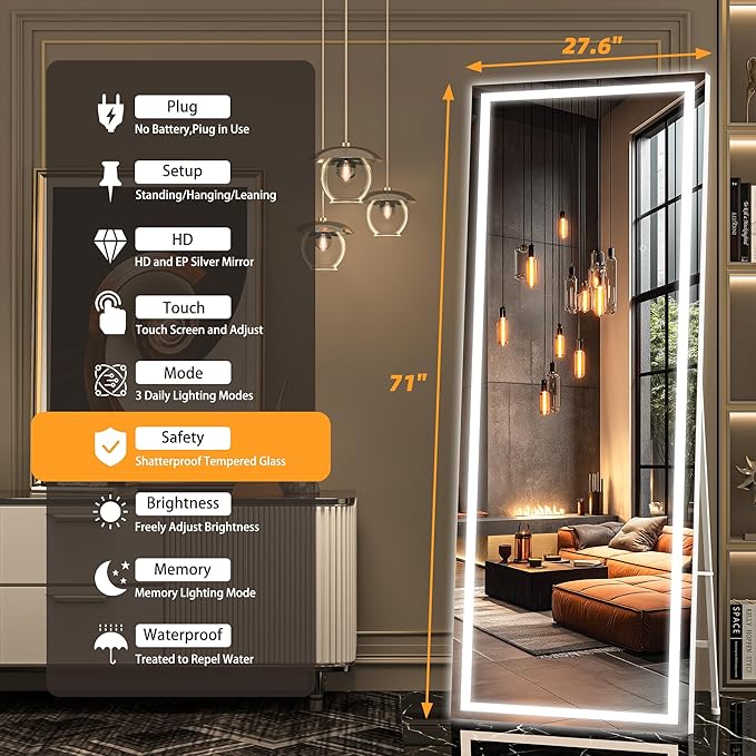 Hasipu Full Length LED Mirror with Lights, 71" x 27.6" Floor Standing or Hanging Mounted, Full Body Dressing Mirror, Dimmable Light, Tempered Glass, Square White