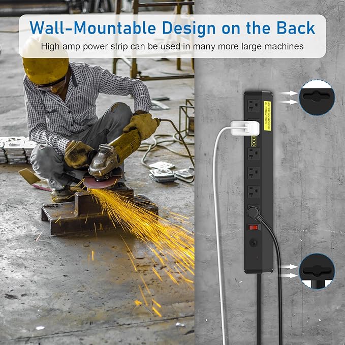 CCCEI Heavy Duty Power Strip Surge Protector 20 Amp, High Amp Industrial Shop Garage Metal Multiple Outlets, 12 FT 12 Gauge 5-15P Extension Cord 6 Outlet 6-20R T-Slot 20a for Appliance, Black.