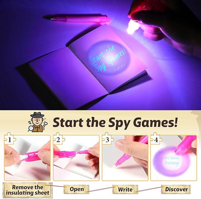 GIFTINBOX Invisible Ink Pens with UV light for Kids, Spy Pen Party Favors for Kids 8-12, 12 Pack Invisible Ink Pen and Notebook, Magic Marker for Secret Message Birthday Party Favors for Kid 4-8