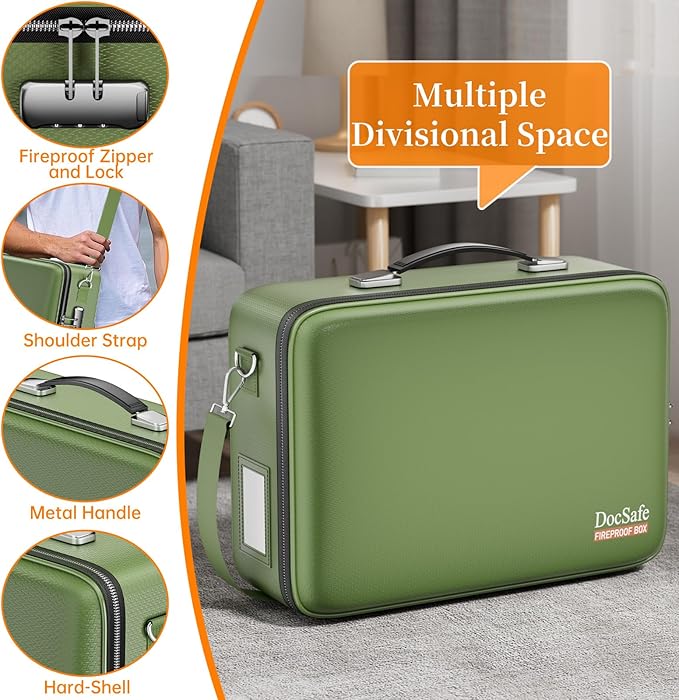 DocSafe Fireproof Document Box with Lock＆Shoulder Strap,Hard Case File Organizer with Accordion File Folder,Multi-Layer Portable Home Office Travel Safe Storage for Important Documents Laptop Green