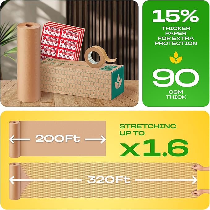 Honeycomb Packing Paper | Extra Thick 90 GSM Packing Wrap | Biodegradable Packing Materials: 15” x 200’ Moving Paper + 195’ Cellulose Adhesive Tape + 30 Fragile Stickers | Paper Bubble Wrap