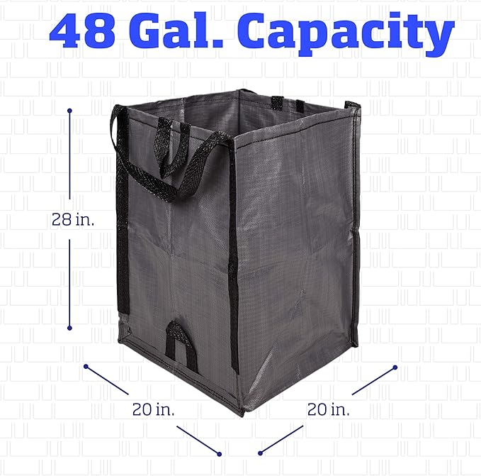 DURASACK Heavy Duty Home and Yard Bags 48-Gallon Reusable Self-Standing Lawn and Leaf Bags Garbage Can with Reinforced Handles, Gray, 3 Pack
