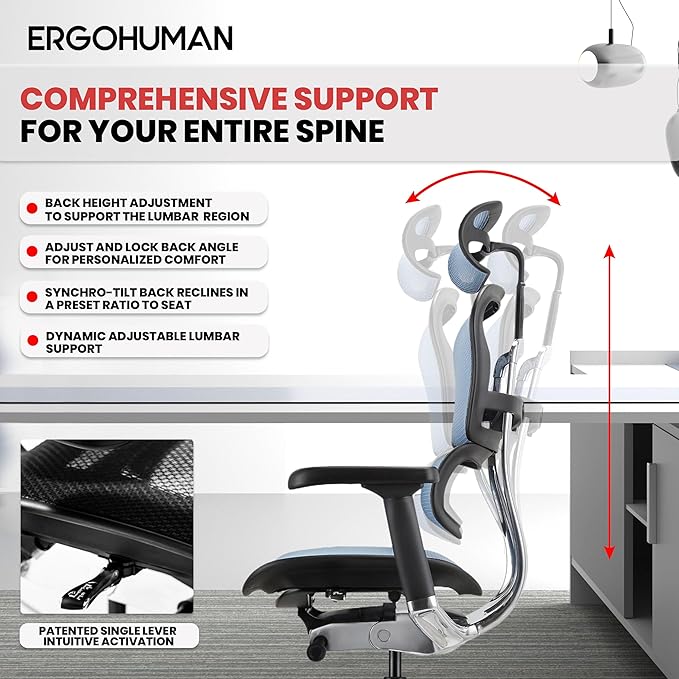 Ergohuman Eurotech ME7ERG GEN2 High Back Mesh Office Chair with Tilt Tension Control, Tilt Lock, Back Angle, Back Height, Synchro Tilt, Seat Height, Seat Depth, and Arm Height Adjustments, Blue