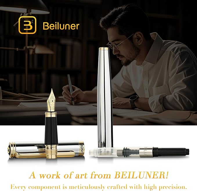 BEILUNER Silver Chrome Fountain Pen,Stunning Luxury Pens with 24K Gold Accents, Gorgeous 24K Gilded Nib(Fine), Ink Converter,Fancy Pen Gift for Men&Women-Elegant, Office, Reliable,Nice for Writing
