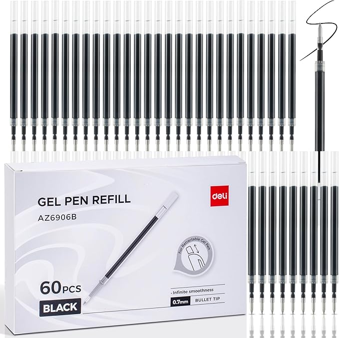 deli Gel Pen Refills, 60 Pcs Retractable Pen Refills Black Ink, Medium Point 0.7mm, Smooth Writing, Fast Dry, No Bleed for Journaling Note Taking, Home School Office Supplies