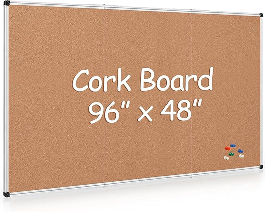 Board2by Extra Large Cork Bulletin Board 96" X 48", Foldable Notice Pin Board for Wall, Silver Aluminum Framed 8'x4' Corkboard, Wall Mounted Noticeboard with 36 Push Pins for School, Home & Office