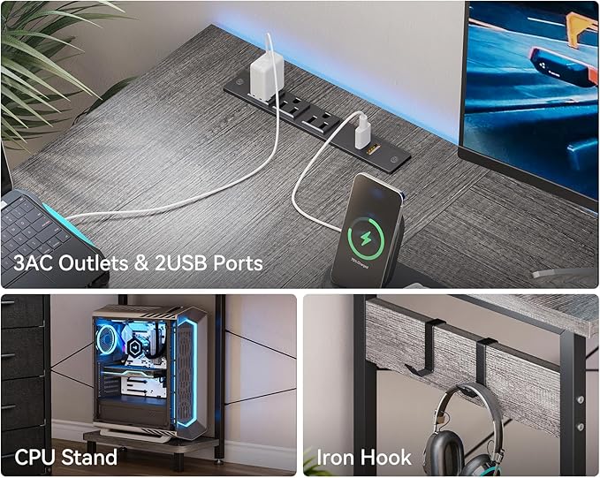 Casaottima L Shaped Desk with 4 Tier Drawers, 53" Gaming Desk with Power Outlets & USB, Reversible L-shaped Computer Desk with CPU Stand, Home Office Corner Table with Storage, Easy Assemble, Grey Oak