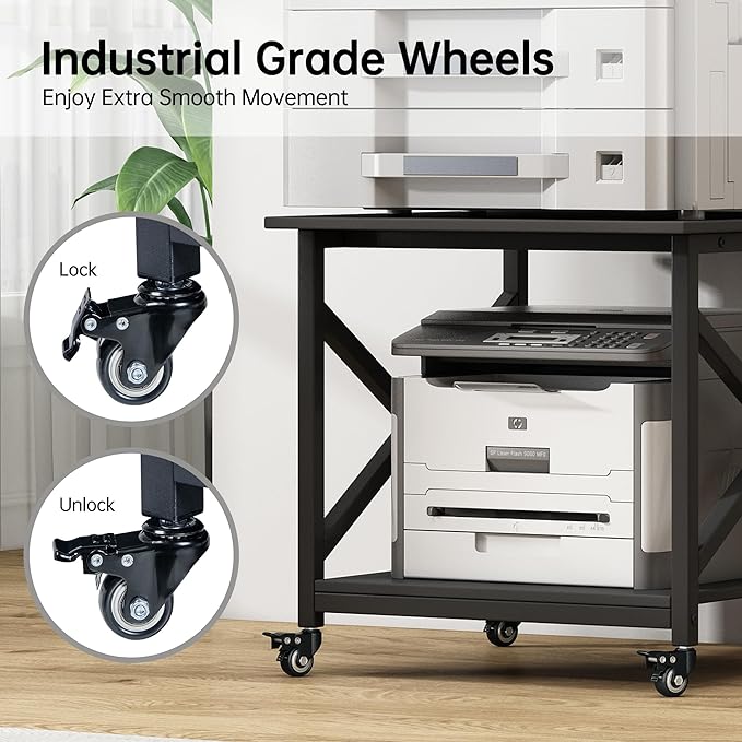 2 Tier Large Printer Stand, 23.6 x 23.6 x 22.6 Inches Square Printer Table with Storage Shelf, Rolling Printer Cart with Industrial Wheels for Home Office, Mini Fridge Stand Table - Black
