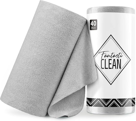 Fantasticlean Microfiber Cleaning Cloth Roll -40 Pack, Tear Away Microfiber Towels, 12" x 12", Reusable, Washable, Scratch Free, Ultra Absorbent Dish Rags for Car, Home, Garage or Shop (Grey)
