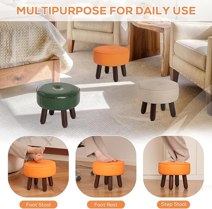 13in Small Foot Stool Ottoman, Round Faux Leather Foot Rest for Couch, Under Desk Pouf Footstool Footrest with Non-Skid Rubber Legs for Ling Room, Bedroom, 13''L x 13''W x 10.2''H, Orange